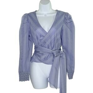 Shabby Chic True Wrap Blouse XS Blue White Striped Lace Detail Cuff